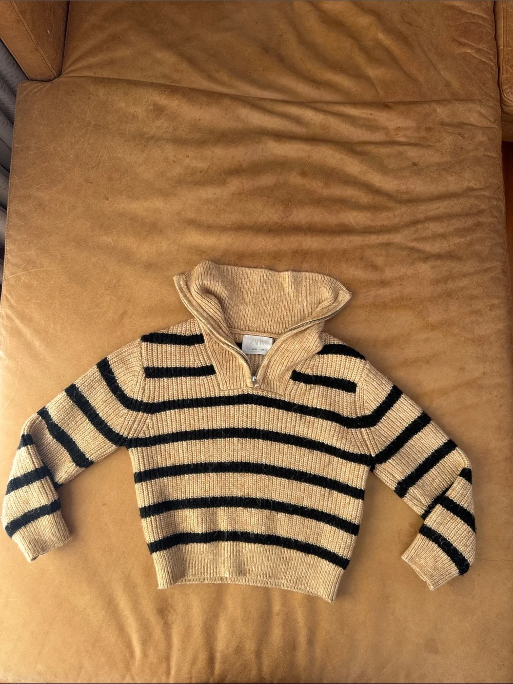 Zara Girls Beige and Black Striped Half-Zip Sweater size 9-10